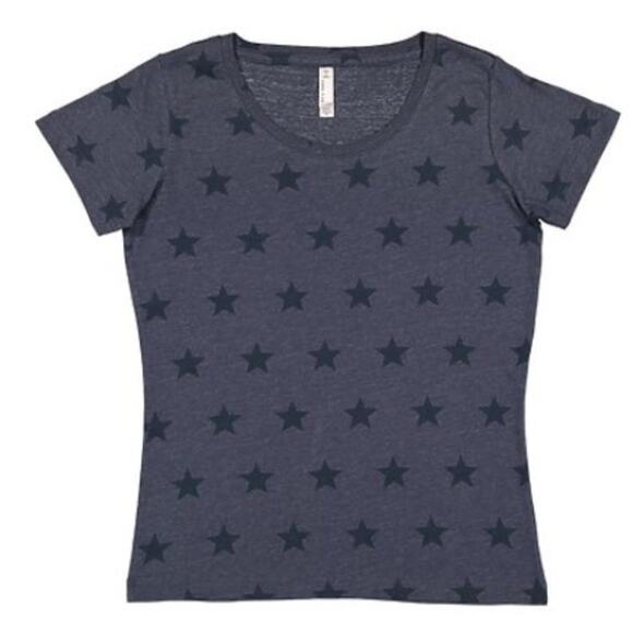 Code Five Ladies Star Print Tee Denim Blue Size Medium Short Sleeves Scoop Neck - Picture 1 of 3